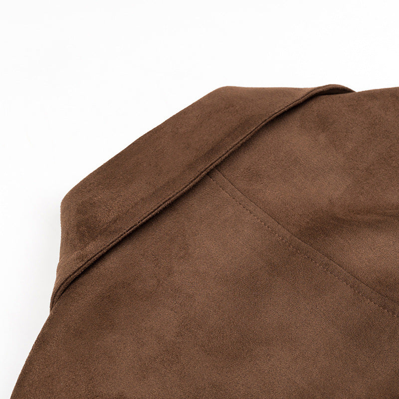 Women's Long Oversized Velour Leather Trench Coat with Tie Belt and Shoulder Straps Mune Fashion