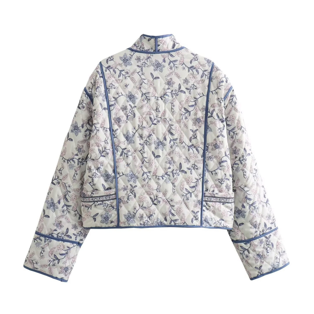 Ladies Quilted Short Jacket in Kimono Style with Floral Quilting and Contrast Piping Mune Fashion