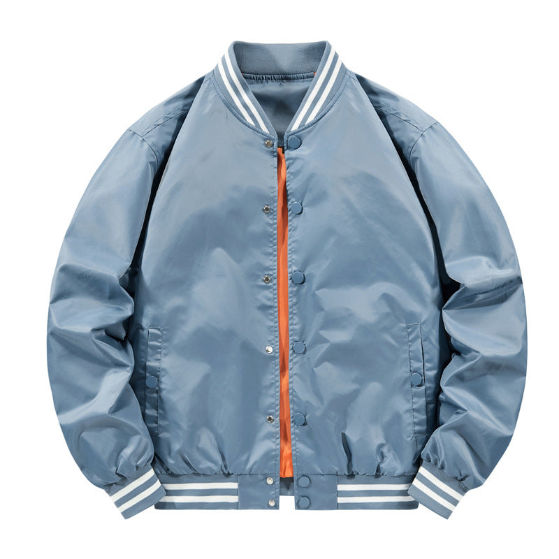 Men's Lightweight College Bomber with Striped Ribbed Collar, Snap Button Front, and Contrasting Inner Lining Mune Fashion