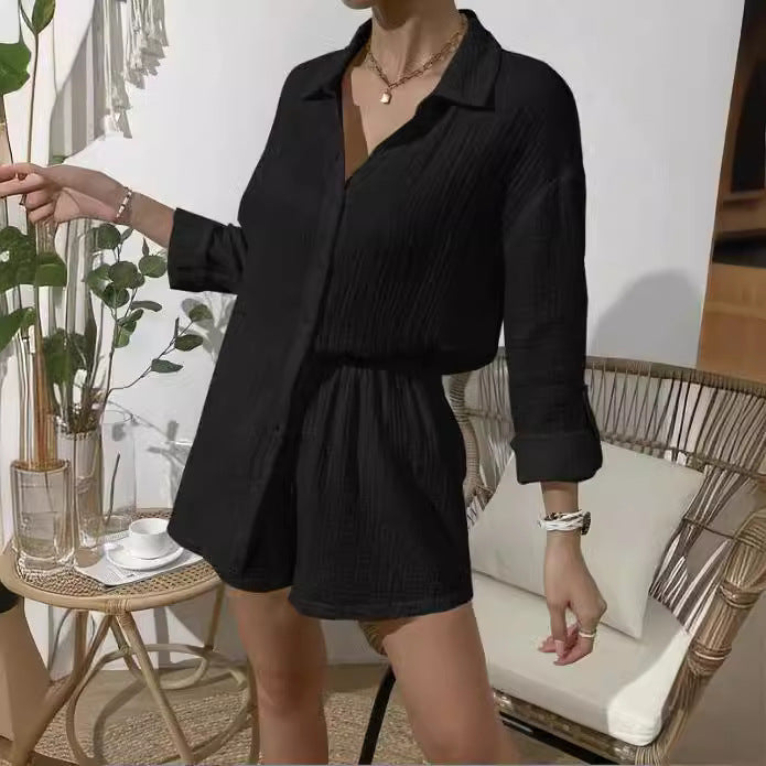 Women nan airy-light two-piece lounge set made of cotton gauze with shirt blouse and elastic waistband shorts Mune Fashion