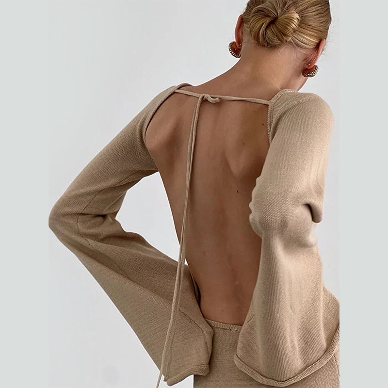 Ladies Figure-Hugging Fine Knit Mini Dress with Flared Trumpet Sleeves Mune Fashion