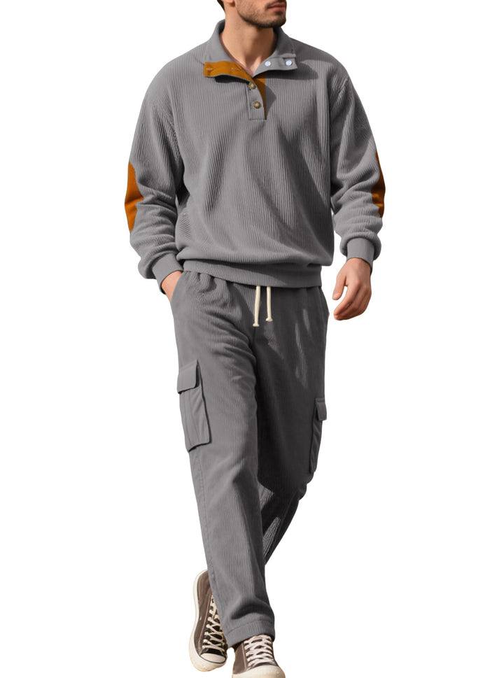 Men's structured turtleneck pullover with stand-up collar, press stud placket, and velour elbow patches Mune Fashion