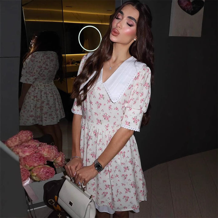 Ladies Romantic Mini Dress with Oversized V-Neck, Ruching and Floral Print Mune Fashion