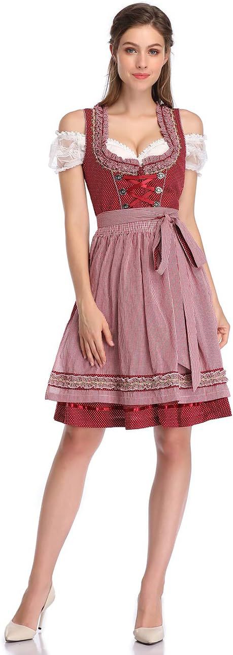 Ladies traditional dirndl dress with heart-shaped neckline, corset-like lacing, and checkered apron skirt Mune Fashion