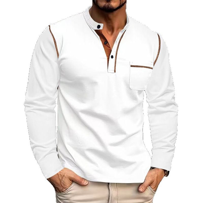 Men's nan legeres long sleeve henley shirt with stand-up collar, button placket, and chest pocket Mune Fashion