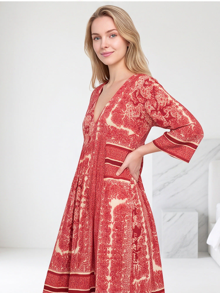 Women’s V neck midi dress with three-quarter sleeves, side pockets & flared A-line silhouette Mune Fashion
