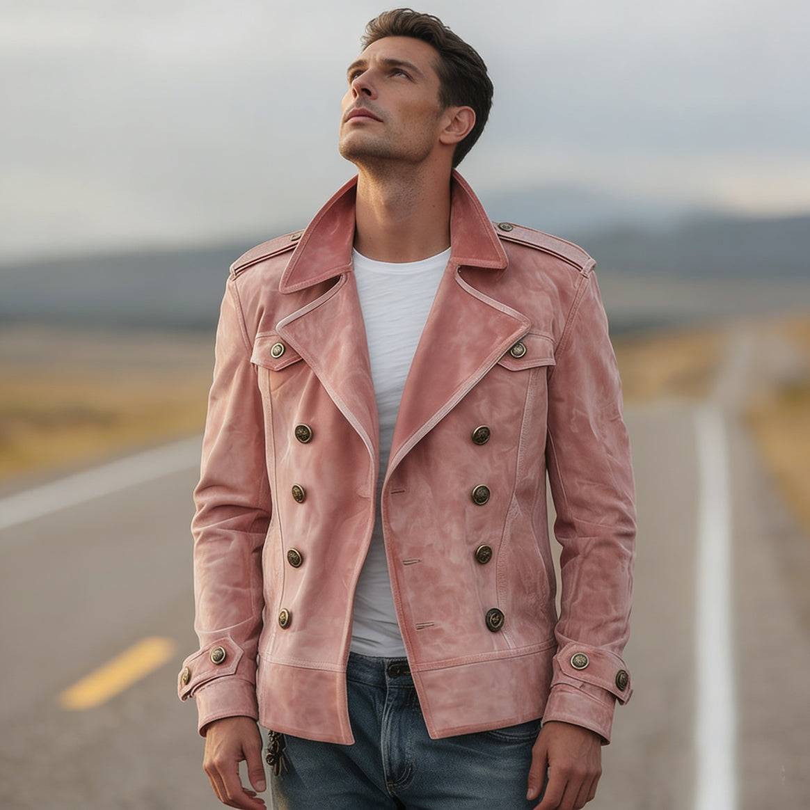 Men's Double-Breasted Leather Jacket in Vintage Look with Shawl Collar and Epaulettes Mune Fashion