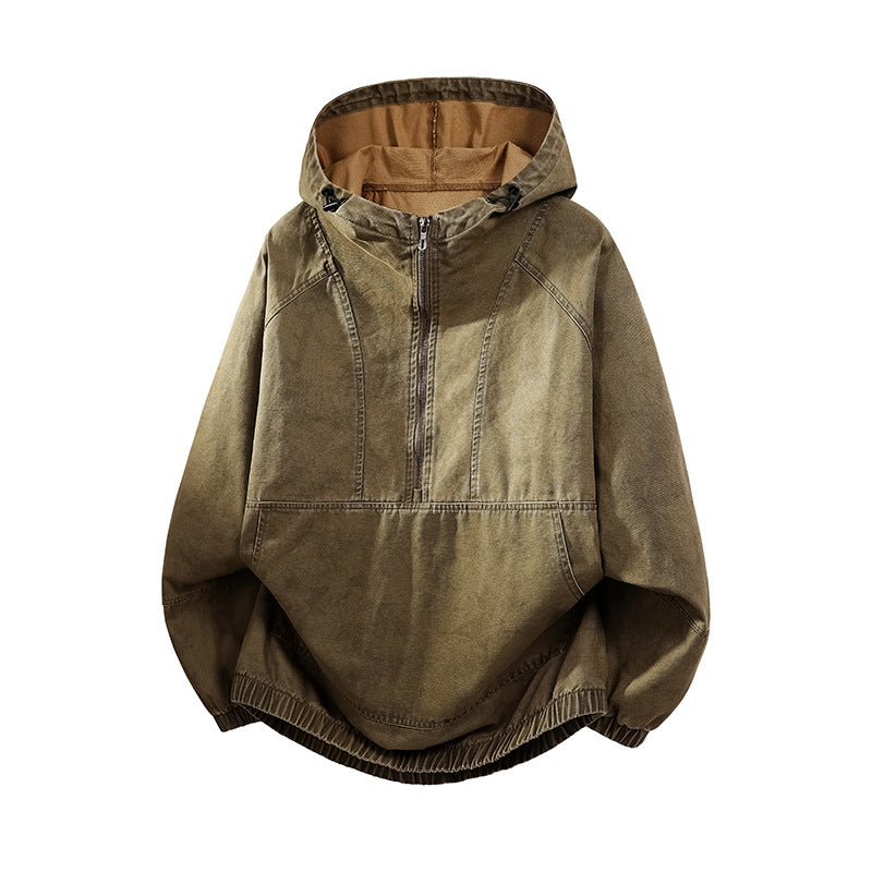 Men's Oversize Canvas Half-Zip Hoodie Anorak with Kangaroo Pocket and Elastic Hem Mune Fashion