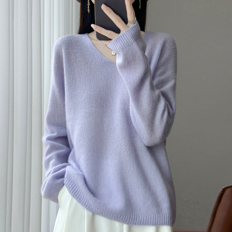 Women's Oversized Fine Knit Sweater with Fine V-Neck and Extended Sleeve Hem Mune Fashion