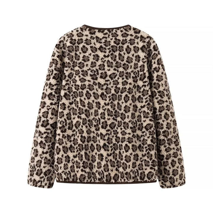 Women's teddy jacket with leopard print button closure and cord trim Mune Fashion