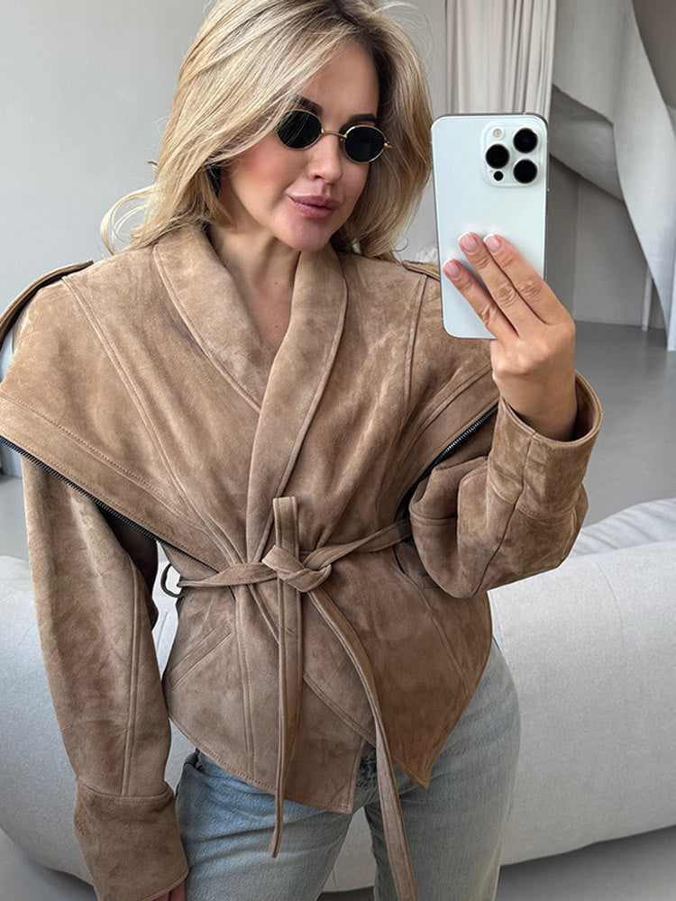 Women's Suede Wrap Jacket with Wide Shawl Collar and Waist Belt Mune Fashion