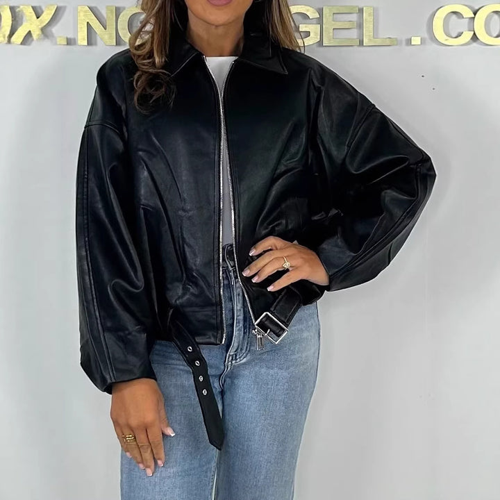 Women's Fashion Faux Leather Jacket with Waistbelt