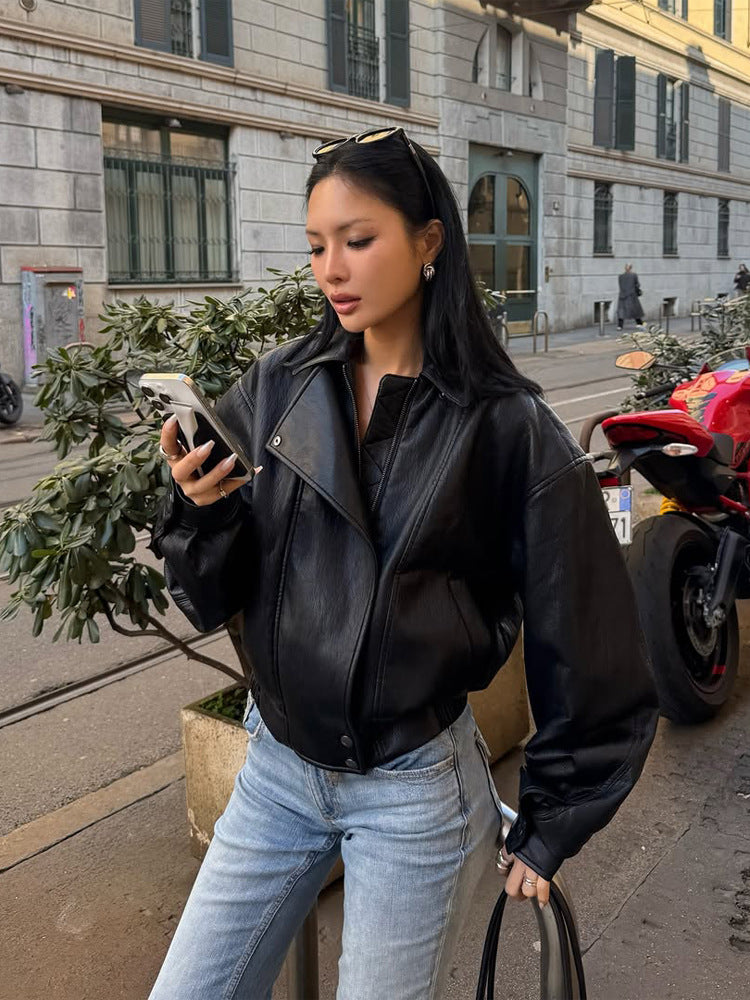 Women Tailored Boxy Bomber made of soft Vegan leather with distinctive lapels and raglan sleeves Mune Fashion