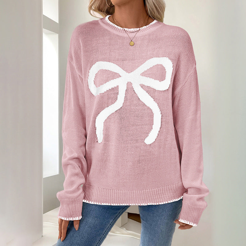 Women's Christmas Oversized Knit Sweater with Bow Motif and Ribbed Cuffs Mune Fashion