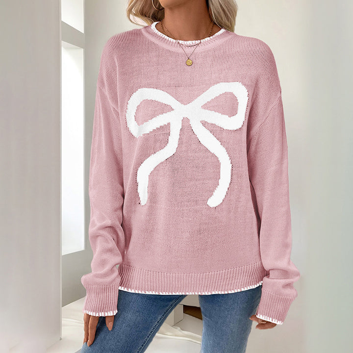 Women's Christmas Oversized Knit Sweater with Bow Motif and Ribbed Cuffs Mune Fashion