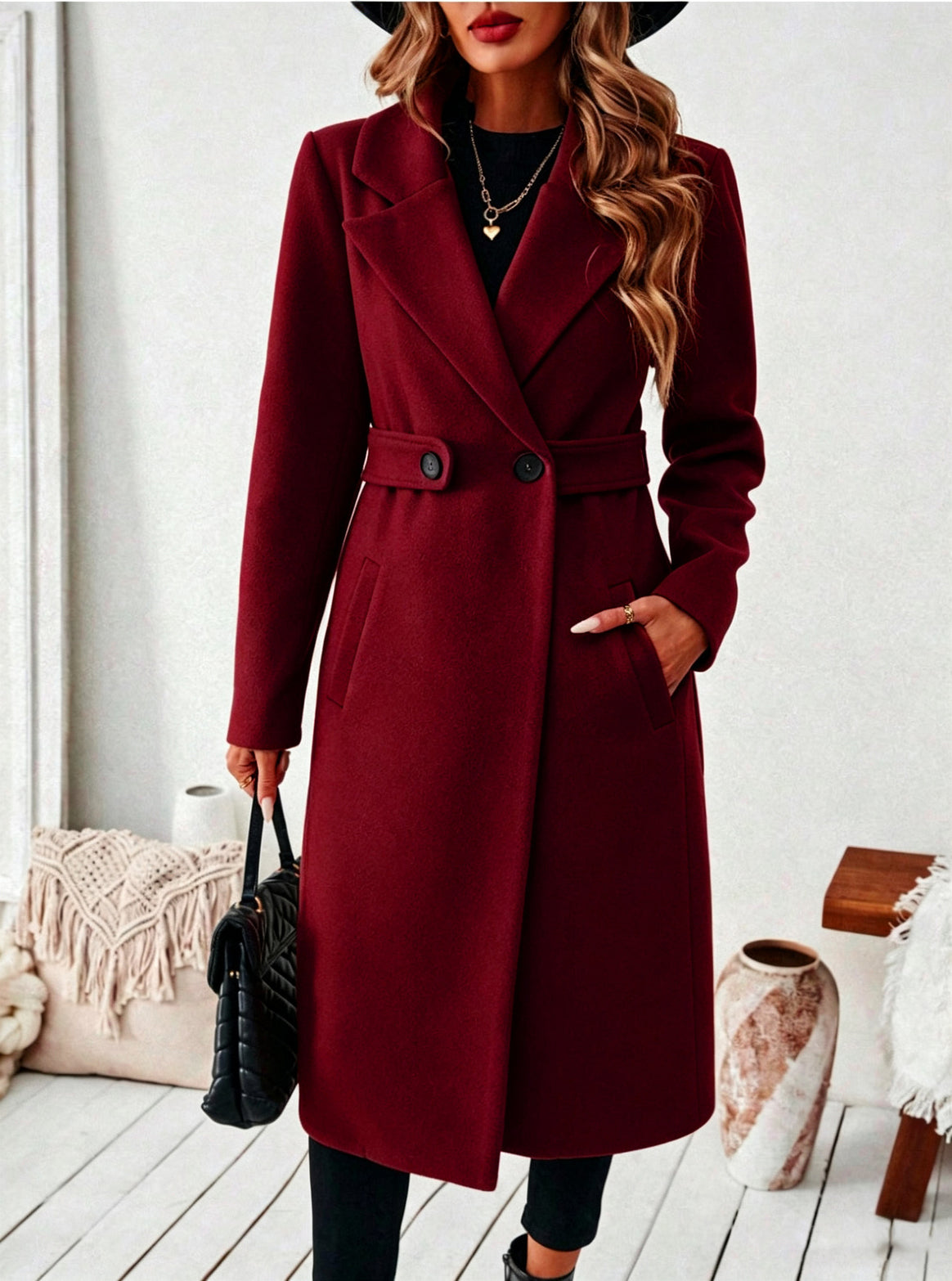 Women Longline Coat with Lapel Collar and Flap Pocket Detail Mune Fashion