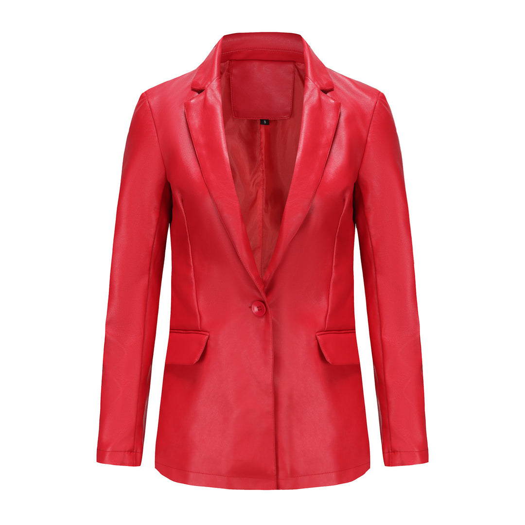 Women's fitted blazer made of faux leather with notch collar and flap pockets Mune Fashion