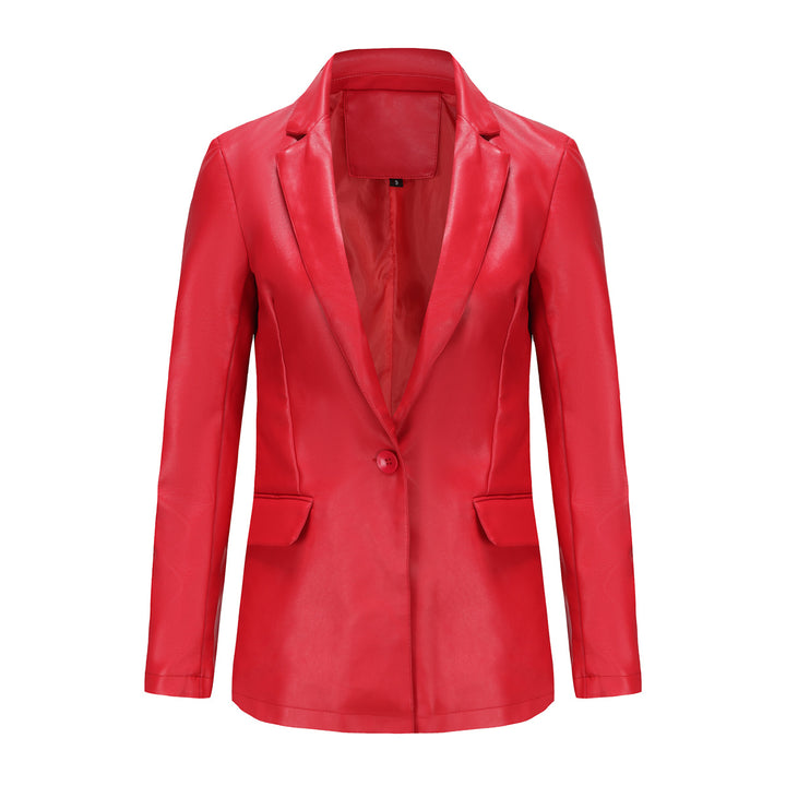 Women's fitted blazer made of faux leather with notch collar and flap pockets Mune Fashion
