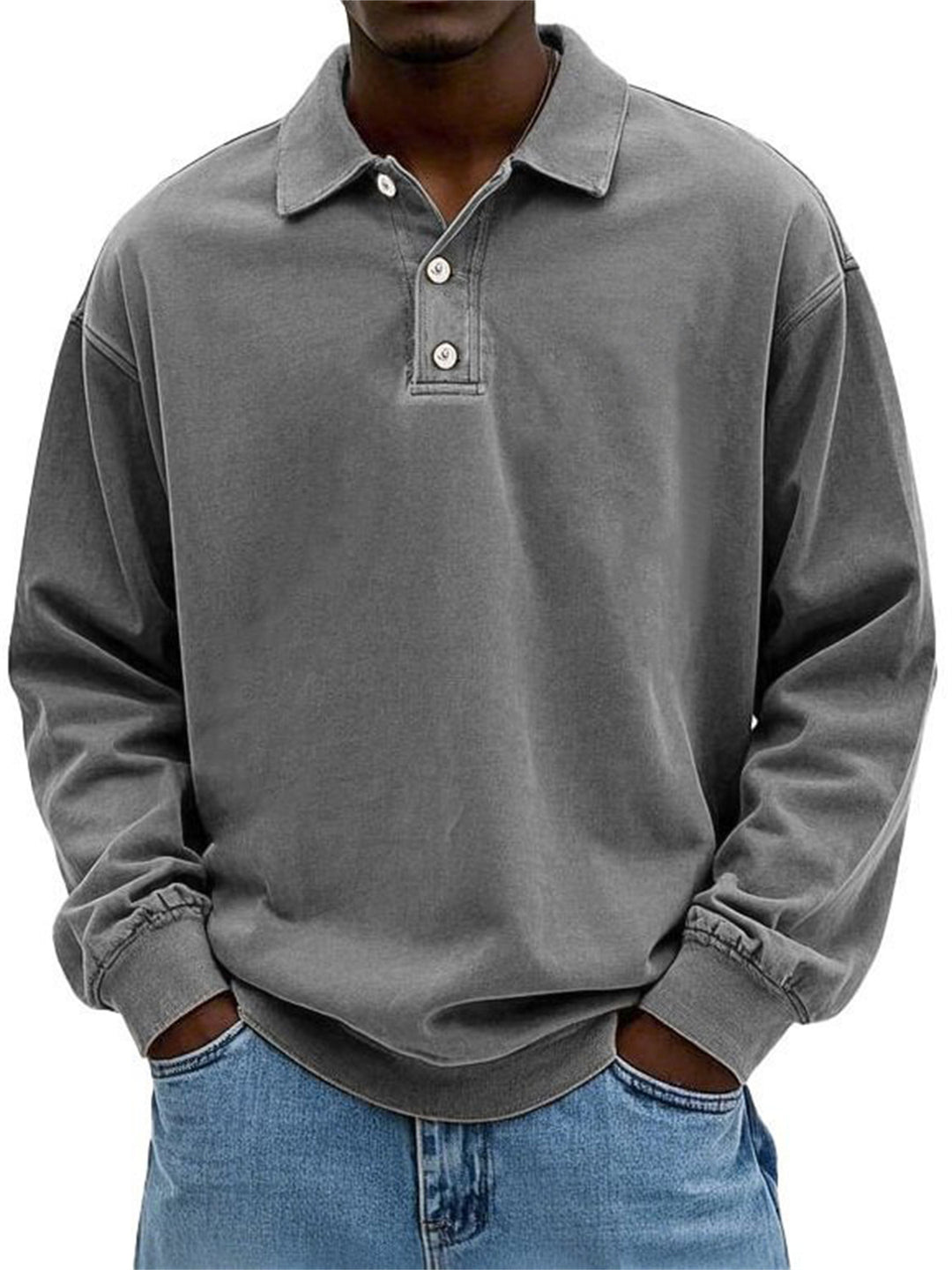 Men's Oversize Denim Look Polo Sweatshirt with Short Button Placket and Elastic Cuffs EB