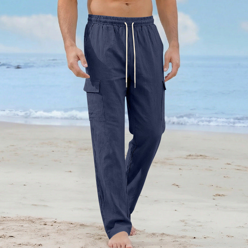 Men's cargo beach pants made of linen blend with elastic waistband and drawstring Mune Fashion