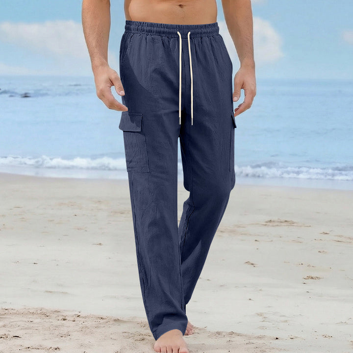 Men's cargo beach pants made of linen blend with elastic waistband and drawstring Mune Fashion