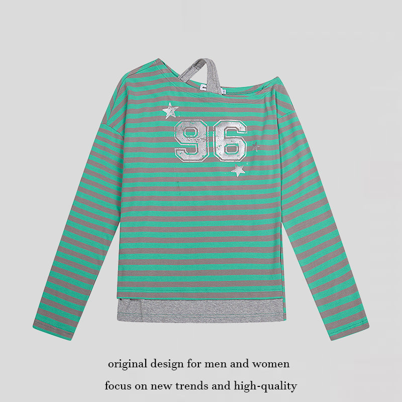 Women's Striped Long Sleeve Shirt with Asymmetrical Neckline, Layered Look and Metallic Print