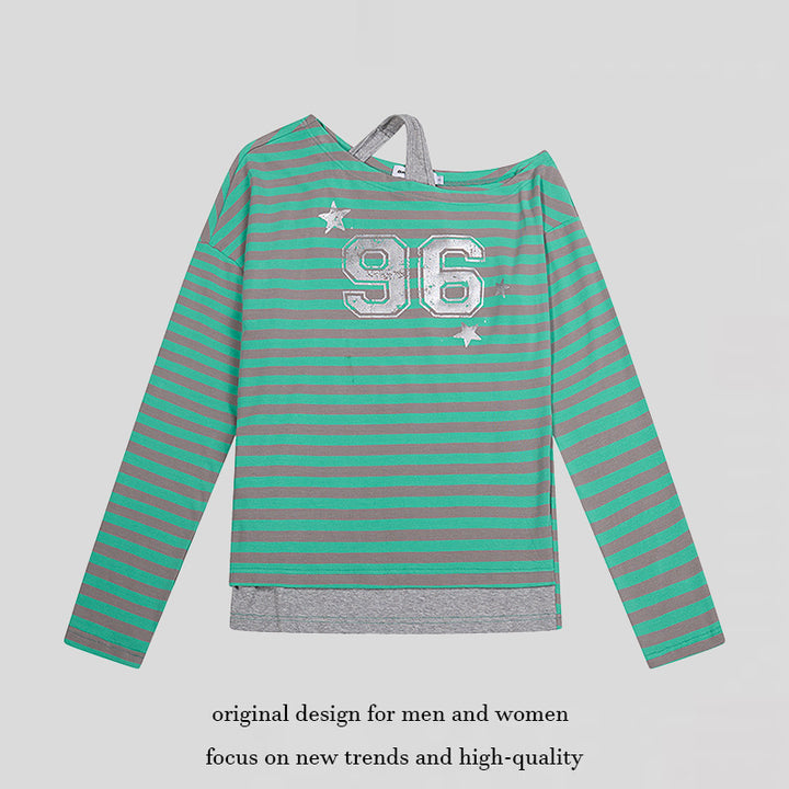 Women's Striped Long Sleeve Shirt with Asymmetrical Neckline, Layered Look and Metallic Print