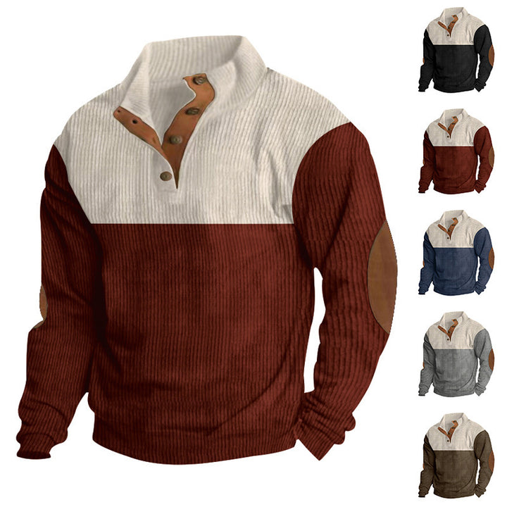 Men's ribbed pullover with stand-up collar, button placket, and elbow patches Mune Fashion