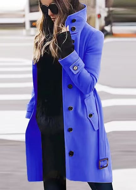 Women's Double-Breasted Trench Coat with High Standing Collar, Waist Belt and Cuff Detail Mune Fashion