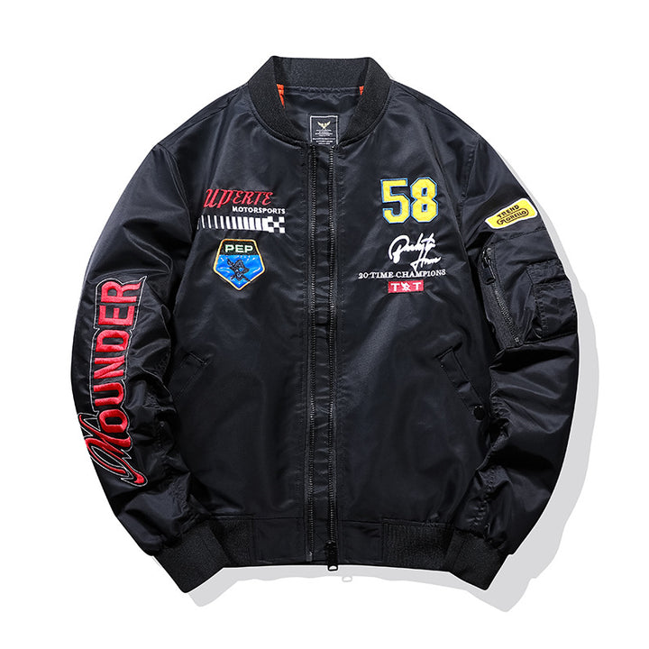 Men's sporty bomber jacket with colorful appliques Mune Fashion