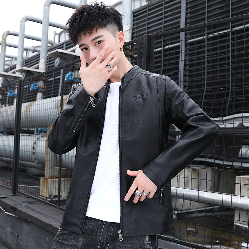 Men's Slim Faux Leather Moto Blouson with Stand Collar and Zipper Sleeves Mune Fashion