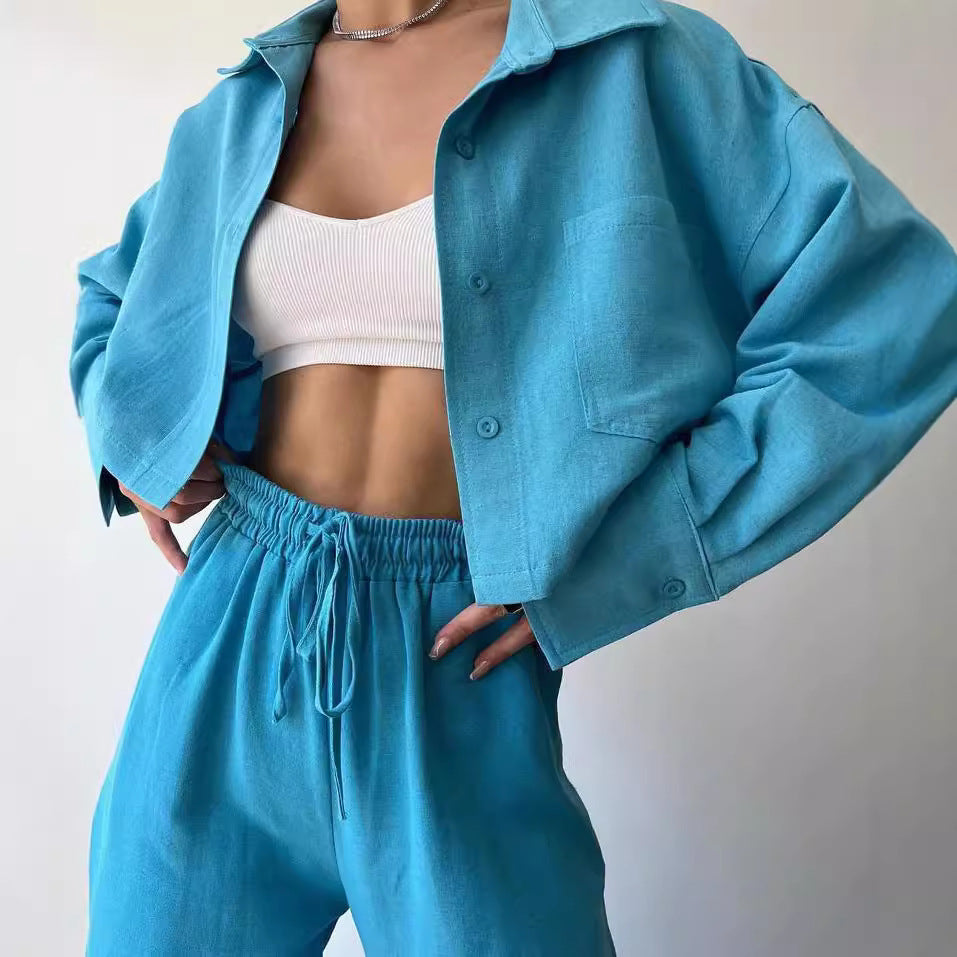 Ladies Linen Look Loungewear Set with Cropped Overshirt and High Waist Drawstring Pants Mune Fashion