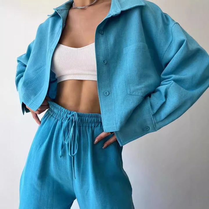 Ladies Linen Look Loungewear Set with Cropped Overshirt and High Waist Drawstring Pants Mune Fashion