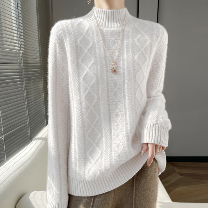 Women Cozy Mohair-Optic Mock Neck Sweater with Diamond Cable Structure and Boxy Silhouette Mune Fashion