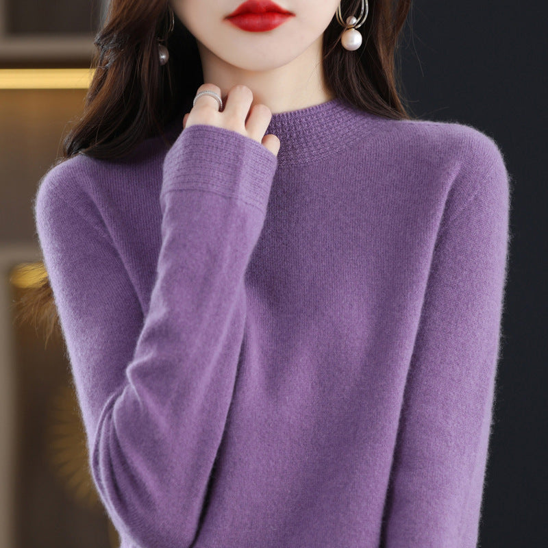 Women Light Fine Knit Mock Neck Sweater with Structured Collar Trim Mune Fashion