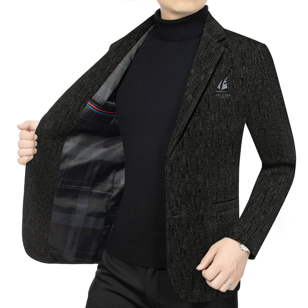 Men's Tailored Wool Blend Blazer with Texture and Logo Embroidery Mune Fashion