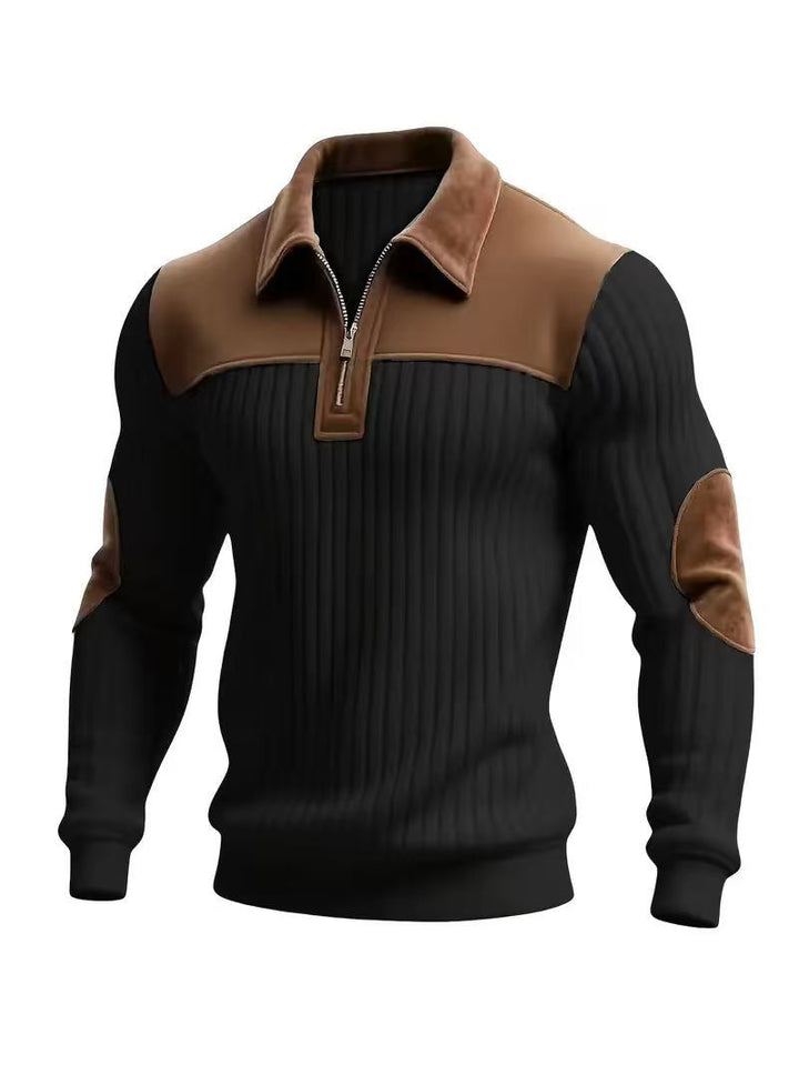Men's ribbed half-zip pullover with contrasting leather appliqués on shoulders and elbows Mune Fashion