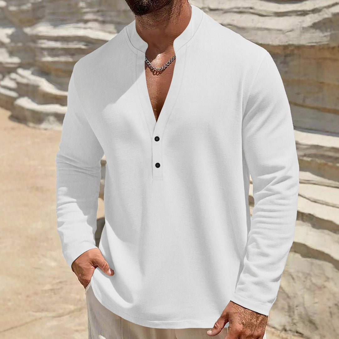 Men's loose-fitting tunic shirt with mandarin collar, two-button Henley placket, and light texture Mune Fashion