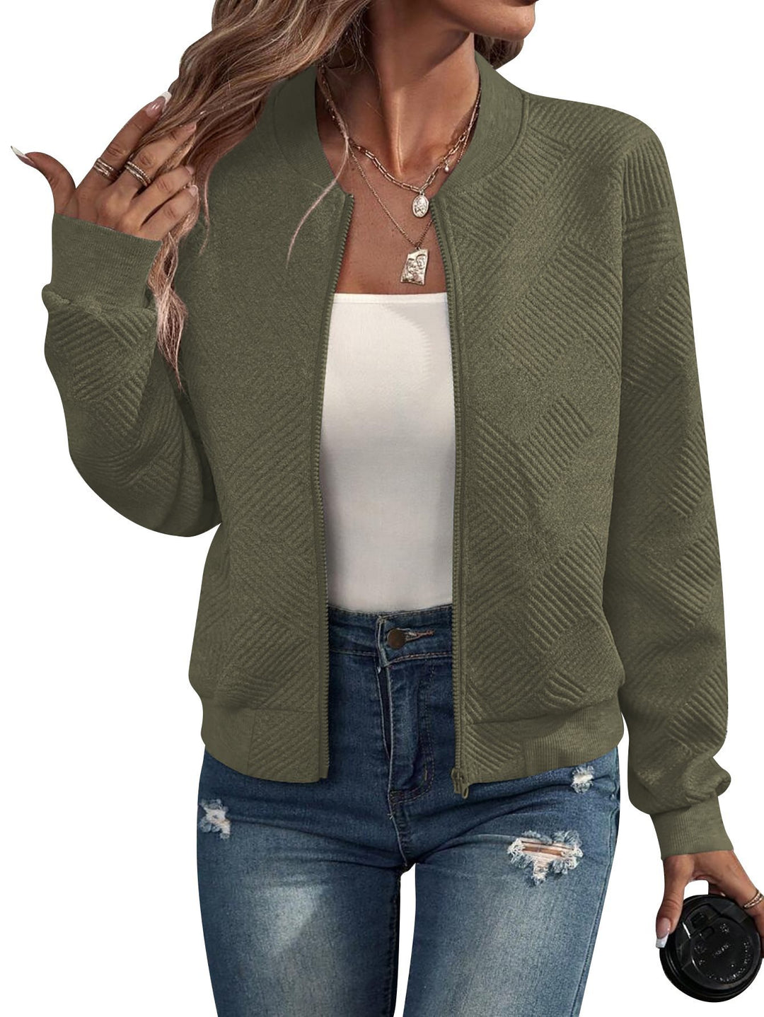 Women Structured Bomber Cardigan with Zipper and Ribbed Cuffs Mune Fashion