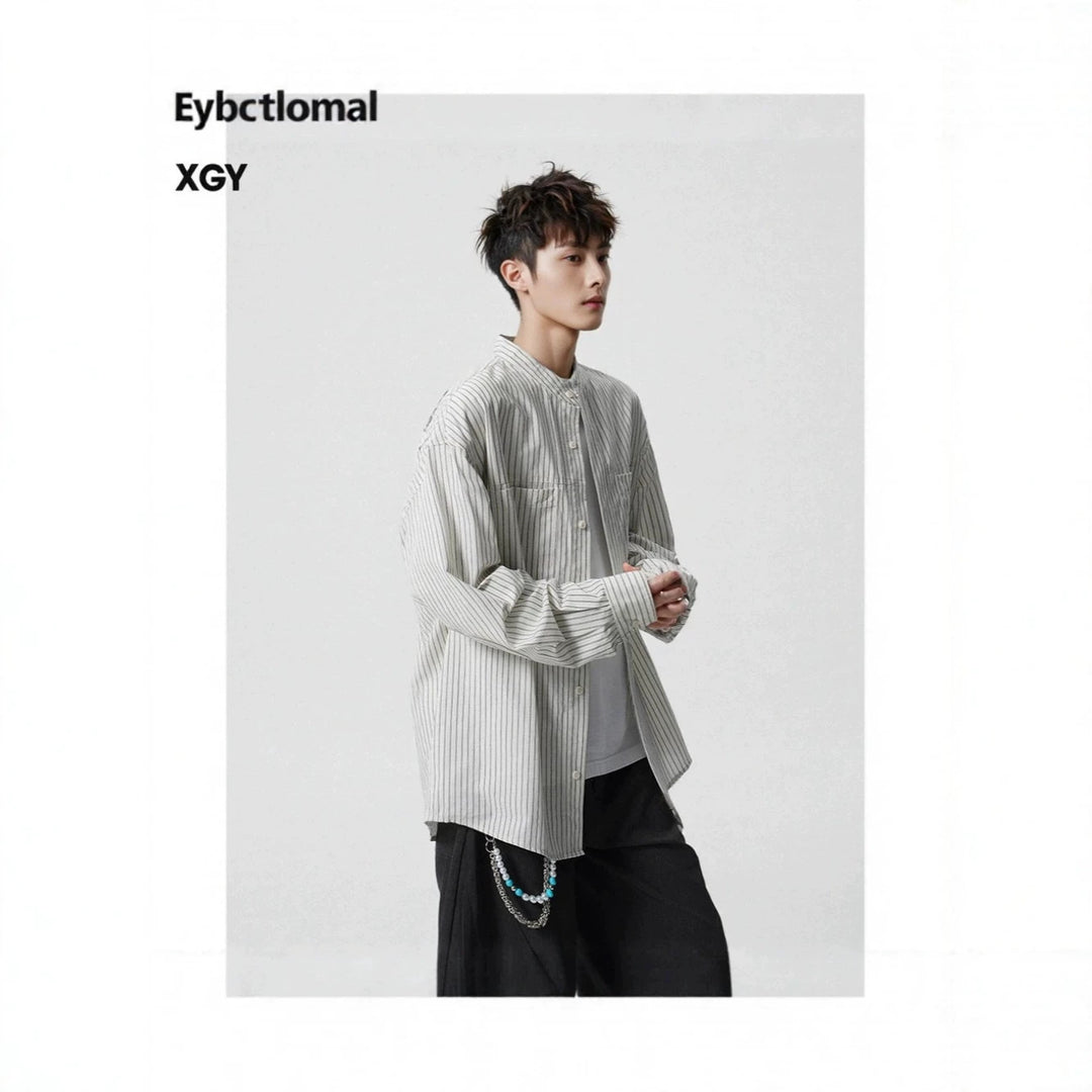Men's Oversized Shirt with Standing Collar and Fine Pinstripe Mune Fashion