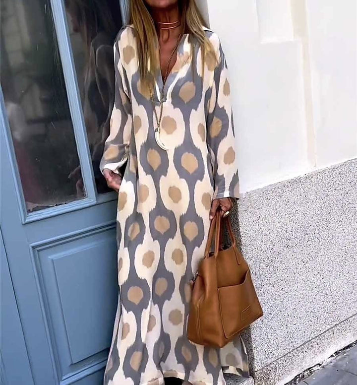 Women's Long Boho Maxi Dress with V-Neck, Loose Fit and Eye-Catching Allover Print Drune