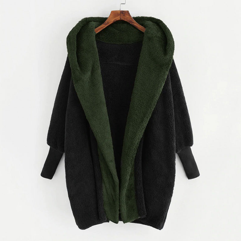 Women's Oversized Faux Fur Hooded Coat with Contrasting Teddy Lining and Ribbed Cuffs Mune Fashion