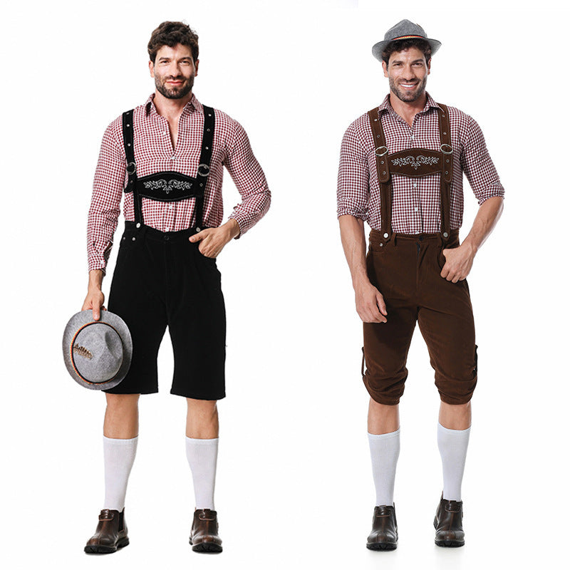 Men's authentic traditional knee-length trousers made of suede-like material with adjustable straps and embroidered chest bib Mune Fashion