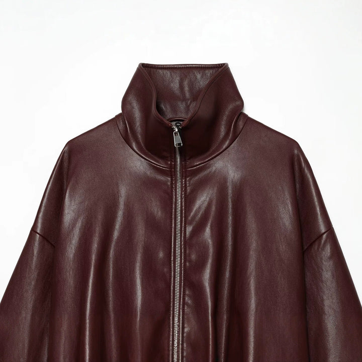 Women Short Faux Leather Jacket with High Standing Collar and Zipper Drune