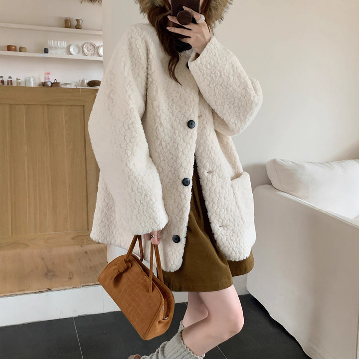 Ladies Oversized Teddy Coat with Round Neck, Large Button Placket and Patch Pockets Mune Fashion