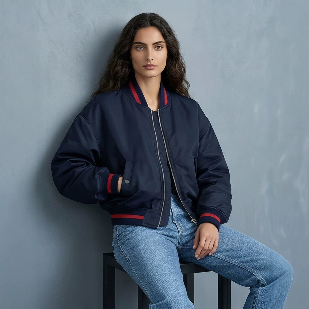 Women's Short Cut Oversized Bomber Jacket with Voluminous Sleeves and Ribbed Cuffs Mune Fashion