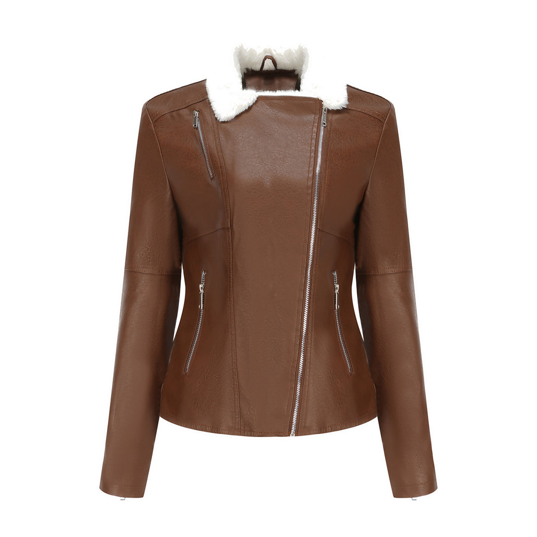 Women's fitted faux leather biker jacket with detachable faux fur collar and diagonal zipper Mune Fashion