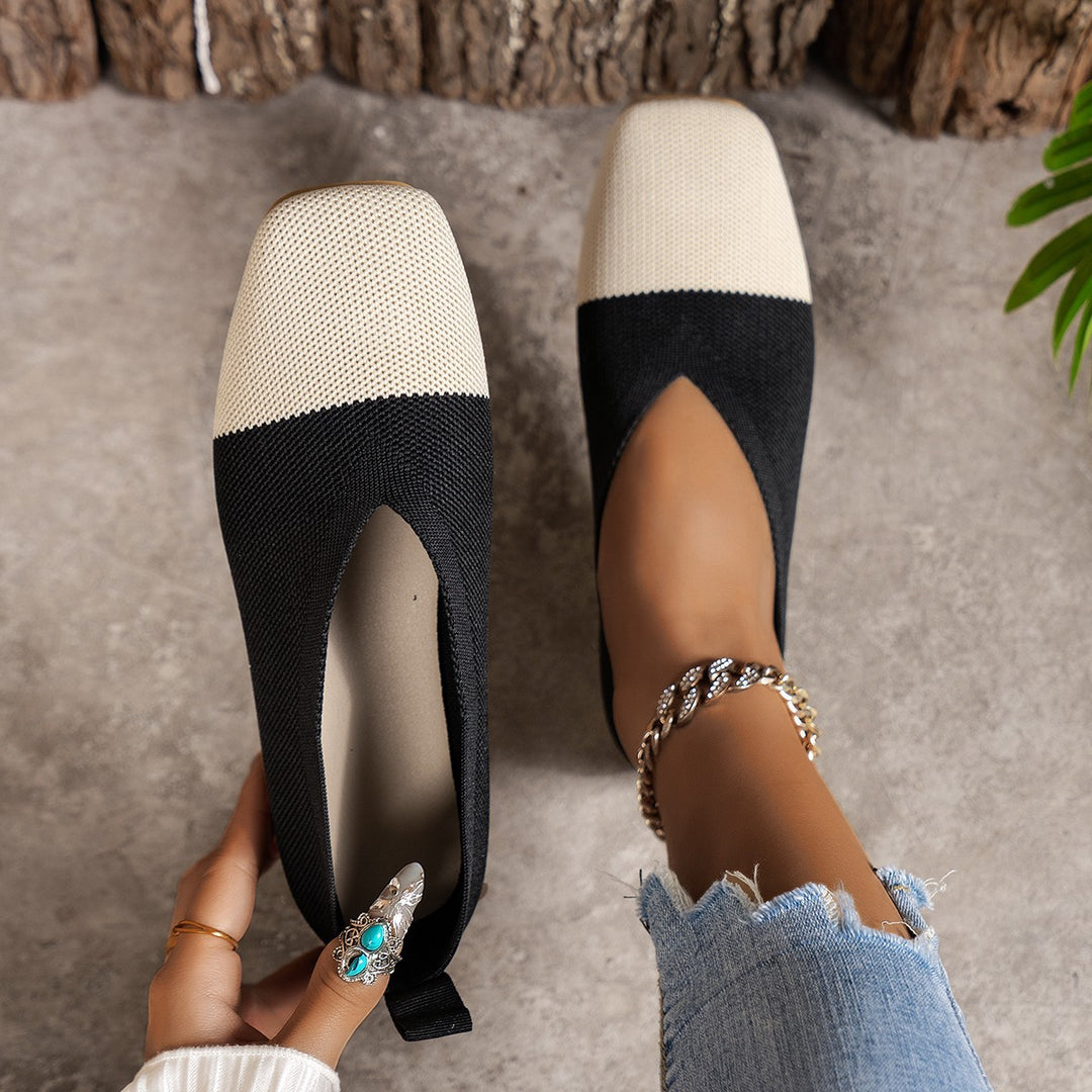Women Two-tone Knit Ballerinas with Square Toe and Elastic Shaft Mune Fashion