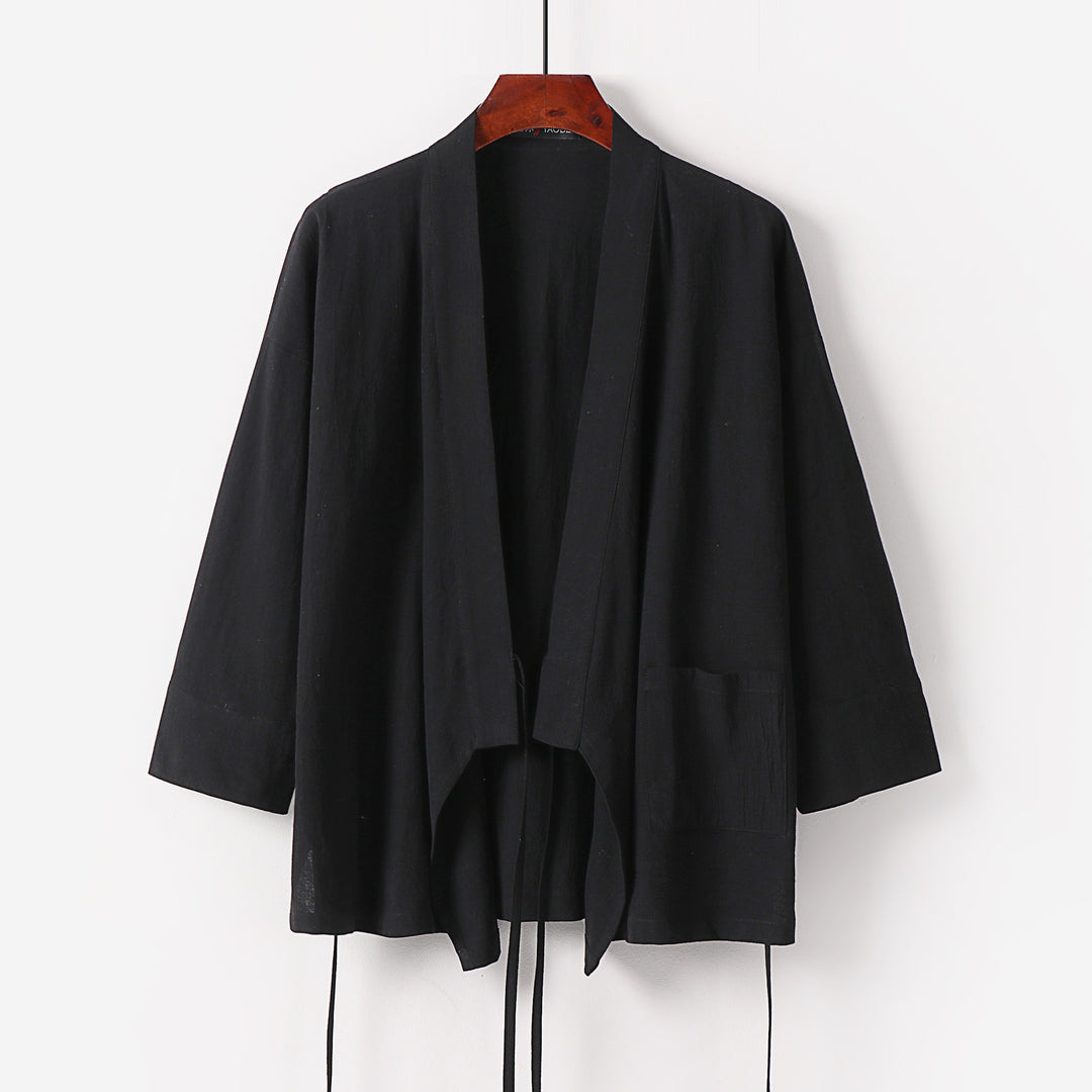 Ladies Kimono Cardigan made of cotton-linen with three-quarter sleeves, tie belt and patch pockets Mune Fashion