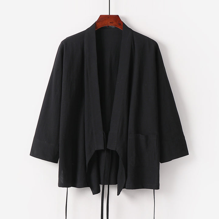 Ladies Kimono Cardigan made of cotton-linen with three-quarter sleeves, tie belt and patch pockets Mune Fashion
